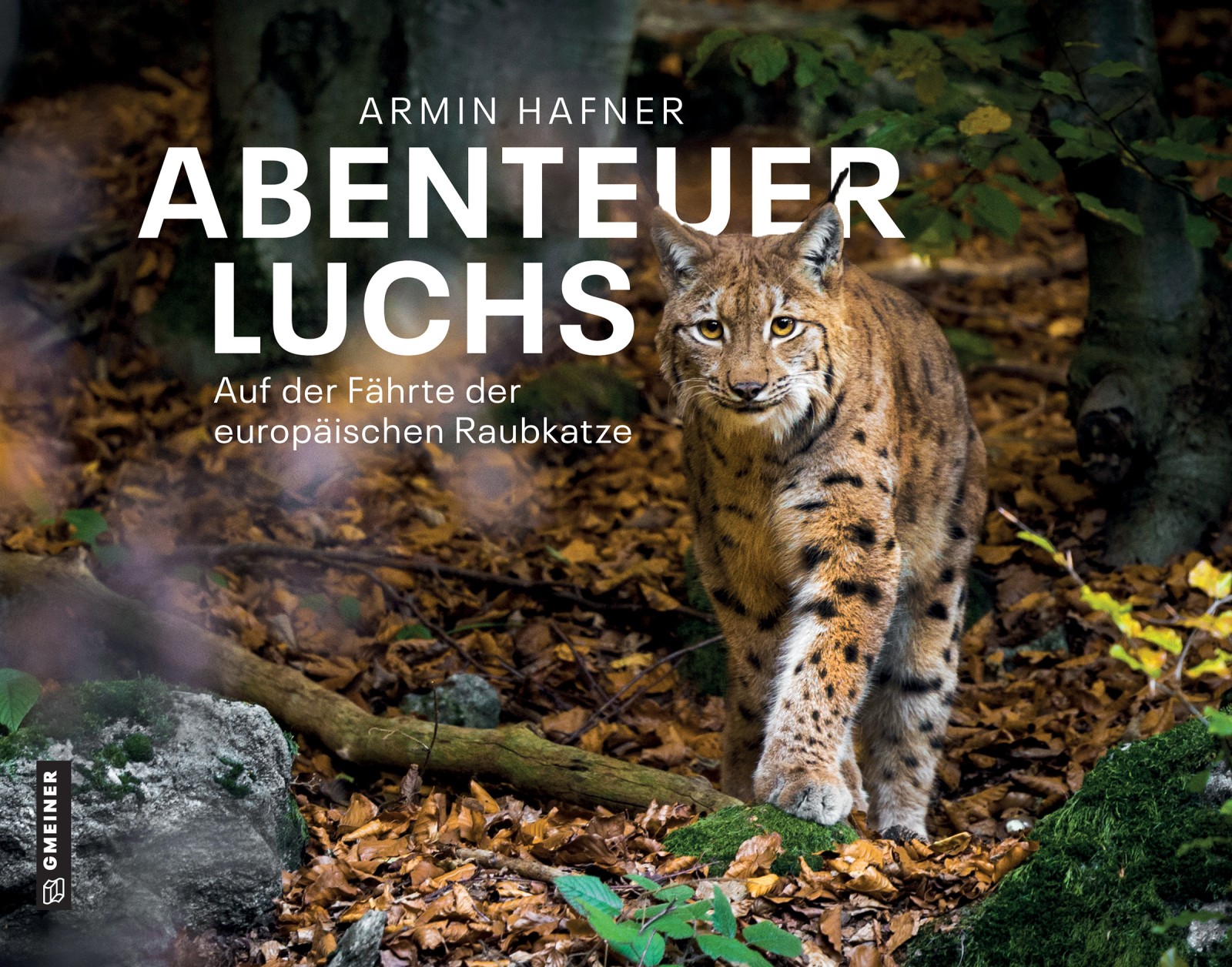 Buchcover „Abenteuer Luchs – Auf der Fährte der europäischen Raubkatze von Armin Hafner,
                      erschienen im Gmeiner Verlag. Zu sehen ist ein Luchs, der durch einen herbstlichen Wald
                      schreitet.
